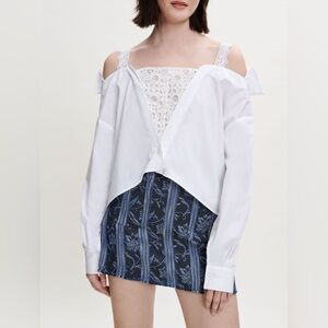 Maje Trompe l'oeil Off Shoulder Collar Long Sleeve Adjustable Lace Blouse Top